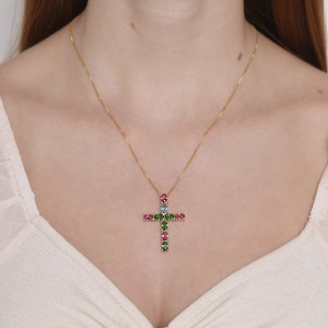 Colar Cruz com Zircônias Coloridas