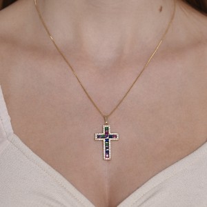 Colar Cruz Cravejada com Zircônias Coloridas